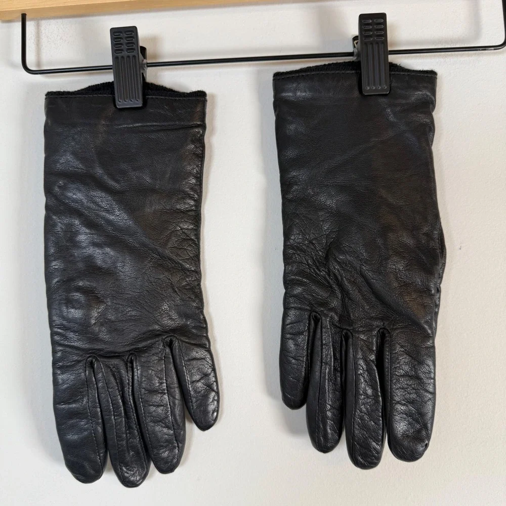 Women's Leather Cashmere Blend Gloves Black Lambswool Lined Sleek Winter